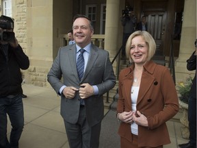 Premier-designate Jason Kenney, left, and outgoing premier Rachel Notley met to discuss transition between governments on Thursday, April 18, 2019, at Government House in Edmonton.