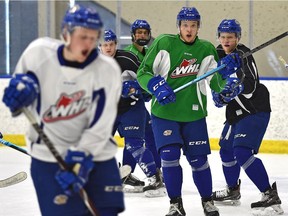 Preparing to face the Prince Albert Raiders Friday in the Eastern Conference Championship, the Edmonton Oil Kings practice at the downtown community arena in Edmonton, April 15, 2019. Ed Kaiser/Postmedia