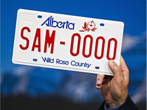 An Alberta licence plate sample. File photo.