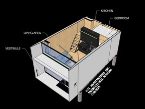 A rendering from OCI Architecture of what a tiny house for people being discharged from the emergency department could look like. Emergency room doctor Louis Francescutti says people with no other home would come here rather than being discharged to the street.