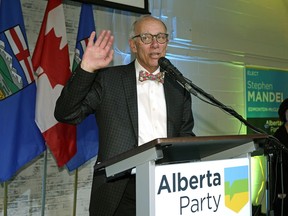 Alberta Party leader Stephen Mandel gives a speech in Edmonton after the polls closed for the provincial election in Alberta on Tuesday, April 16.