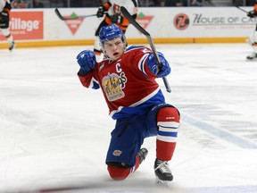 Edmonton Oil Kings forward Trey Fix-Wolansky celebrates his first-period goal in Game 6 of the first-round WHL playoff series against the Medicine Hat Tigers Sunday, March 31, 2019 in Medicine Hat.