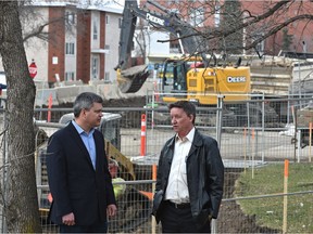 TransEd project director Jim Nolan, left, and City of Edmonton acting Valley Line project director Chris Gentile, provided an update on construction on 95 Avenue between Connors Road and 85 Street in Edmonton on Friday, April 12, 2019.