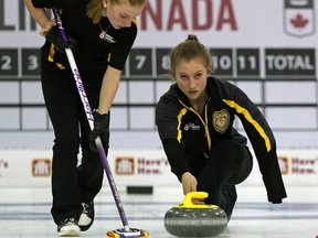 Team New Brunswick lead Caylee Smith (left) sweeps a rock delivered by third Carly Smith (right) at the 2019 Canadian U-18 Boys and Girls Curling Championships (April 1-7) held at Glen Allan Recreation Complex in Sherwood Park on Wednesday, April 3, 2019.