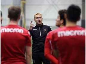 Valour FC head coach Rob Gale instructs his players during training camp at Winnipeg Subway Soccer South on Wed., March 6, 2019.