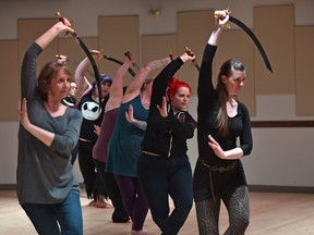 Women preparing for their belly dance recital performances after completing their dance classes at the Old Strathcona Performing Arts in Edmonton, April 7, 2019.