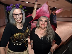 Janice Moon, left, and Anne Vimtrup prepare for their belly dance recital with Bedouin Beats at the Old Strathcona Performing Arts Centre.