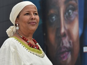 Posing in front of a mural of a Somail women on May 2, 2019, Naima Haile and the Somali Canadian Cultural Society of Edmonton are developing a Somaili cultural museum focusing on the history of Somali people in Edmonton.