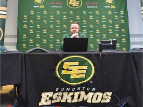 In the Eskimos War Room, head coach Jason Maas (L), GM Brock Sunderland and Rob Ralph (R), Director of Canadian scouting waiting for Thursday nights CFL draft to start at Commonwealth Stadium in Edmonton, May 3, 2018.