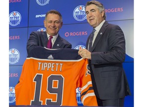 The Edmonton Oilers GM Ken Holland introduced Dave Tippett as the new head coach for the team  on May 28, 2019 at Rogers Place. Photo by Shaughn Butts / Postmedia ORG XMIT: POS1905281316104438
