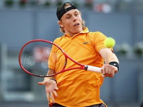 Denis Shapovalov of Canada in action against Felix Auger-Aliassime of Canada during day two of the Mutua Madrid Open at La Caja Magica on May 5, 2019 in Madrid.