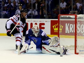 Kevin Lankinen, goaltender of Finland makes a save on Anthony Mantha of Canada during the 2019 IIHF Ice Hockey World Championship Slovakia group A game between Finland and Canada at Steel Arena on May 10, 2019 in Kosice, Slovakia.