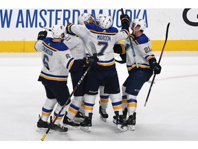 Robert Bortuzzo #41 of the St. Louis Blues celebrates his goal against the San Jose Sharks in Game 2 of the Western Conference Final during the 2019 NHL Stanley Cup Playoffs at SAP Center on Monday night in San Jose.