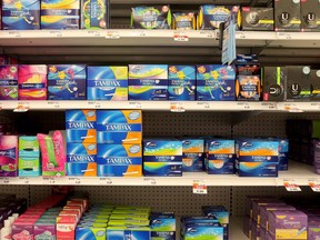 Tampons on a shelf at Orleans drug store. (NB&ampgt; They did ask me to stop shooting - Shoppers policy- but didn't make me leave) (Julie Oliver / Ottawa Citizen)
