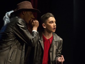 (left to right) Paul-Ford Manguelle and Noah Baker perform in JH Picard school's production of Cyrano de Bergerac at Campus Saint-Jean Auditorium, in Edmonton Tuesday April 30, 2019. Photo by David Bloom