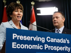 Energy Minister Sonya Savage speaks about Bill 12, the turn-off-the-taps legislation, during a press conference with Premier Jason Kenney in the media room in the Alberta Legislature in Edmonton, on Wednesday, May 1, 2019.