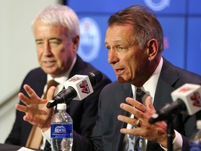 Ken Holland (right), the new general manager of the Edmonton Oilers, speaks next to Bob Nicholson, CEO and Vice Chair of Oilers Entertainment Group, during a press conference at Rogers Place in Edmonton, on Tuesday, May 7, 2019.