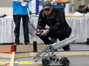 Braeden Gagnon from St. Joseph Catholic High School in Grande Prairie competes in the Robotics section during Skills Canada Alberta at Edmonton Expo Centre on Thursday, May 9, 2019.