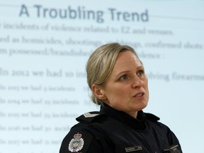 Edmonton Police Service Sgt. Michelle Horchuk with the EPS Hospitality Policing Unit speaks about steps promoters and community leagues can take to prevent violence and to work better together during a Crime Prevention Week event at Mayfield Community Hall in Edmonton, on Wednesday, May 15, 2019.