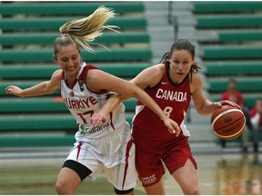 Team Canada's Abigail Fogg (right) evades Team Turkey's Cansu Koksal (right) during game action in the first game of the 2018 Edmonton Grads International Classic basketball tournament held at the Saville Community Sports Centre in Edmonton on July 4, 2018