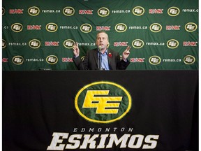 Edmonton Eskimos president and CEO Len Rhodes speaks to reporters in Edmonton on Saturday, November 3, 2012. Len Rhodes won't be seeing another term as the Edmonton Eskimos president and chief executive officer. Board chairman Brad Sparrow made the announcement Monday. Rhodes will leave the CFL club Feb. 20.