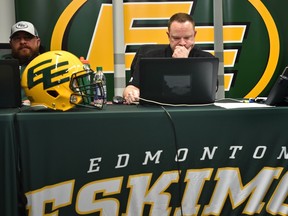 Eskimos general manager Brock Sunderland in the war room for the 2019 CFL Draft at Commonwealth Stadium in Edmonton, May 2, 2019.