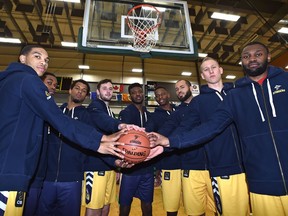 The Edmonton Stingers roster was unveiled as nine of the teams players pose for a picture, as they prepare for their inaugural season in the CEBL with their first game Friday at the Expo Centre in Edmonton, May 8, 2019.