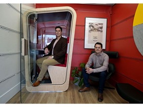 Industrial designers Nick Kazakoff, left, and Brendan Gallagher and their design agency onetwosix have sold their Edmonton-made product line the Loop to head offices of American tech companies Pokémon and Shopify, as well as skincare companies Burt's Bees and L'Occitane. The Loop is an open-office privacy solution created by onetwosix design agency in 2014 in an effort to help workers find their focus amid daily distractions. Designed, sourced and built in Edmonton, the Loop is stylish, actively ventilated, illuminated, plug-and-play quiet spaces for those moments you need to make a private call, or get focused for productive, independent work.