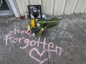 Edmonton Police are investigating a suspicious death of a 26 year-old man outside a convenience store near 118 Ave. and 101 Street. A memorial has been set up outside Alex's convenience store on May 21, 2019.
