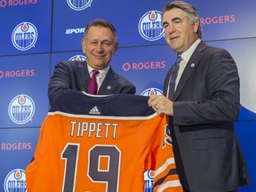 The Edmonton Oilers GM Ken Holland introduced Dave Tippett as the new head coach for the team on May 28, 2019 at Rogers Place. Photo by Shaughn Butts / Postmedia