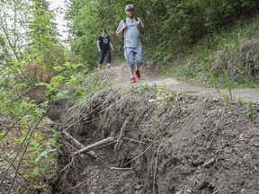 Trail users can expect closures of some favourite river valley pathways through the summer as city crews continue to try to mitigate erosion and slope failure throughout the park. on May 31, 2019.  This trail near the Whitemud Equine Centre was at one time protected from the river by about 10 feet of bank, but most of the bank as disappeared. Photo by Shaughn Butts / Postmedia