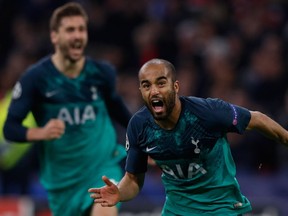 Tottenham's Brazilian forward Lucas celebrates after scoring a goal during the UEFA Champions League semi-final second leg football match between Ajax Amsterdam and Tottenham Hotspur at the Johan Cruyff Arena, in Amsterdam, on May 8, 2019.