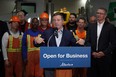 Alberta Premier Jason Kenney (middle) and Alberta Finance Minister Travis Toews (right) announced at Lafarge Infrastructure in Edmonton on Monday May 13, 2019 that their government plans to create jobs in the province by having the lowest corporate business tax rate in Canada. (PHOTO BY LARRY WONG/POSTMEDIA)