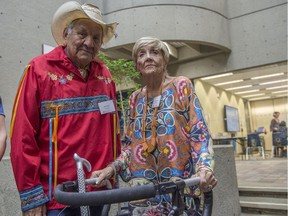 Alex Janvier, left, and Aleda Patterson were honoured Tuesday with namesake Edmonton schools. The schools, which also include a K-9 school named after Garth Worthington, are set to open in the fall of 2021.