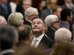 Alberta Premier Jason Kenney looks to the gallery after the speech from the throne was delivered in Edmonton on Wednesday May 22, 2019.