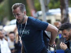 Tottenham's Harry Kane arrives at his hotel in Madrid, Spain, Wednesday, May 29, 2019. Madrid will be hosting the final again after nearly a decade, but the country's streak of having at least one team playing for the European title ended this year after five straight seasons, giving home fans little to cheer for when Tottenham faces Liverpool at the Wanda Metropolitano Stadium on Saturday.