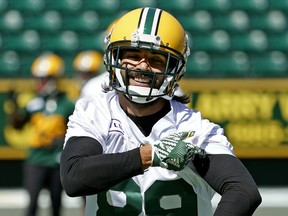 Edmonton Eskimos receiver Diego Viamontes participates in training camp on Monday May 20, 2019, after becoming the first global player drafted under the CFL 2.0 initiative.