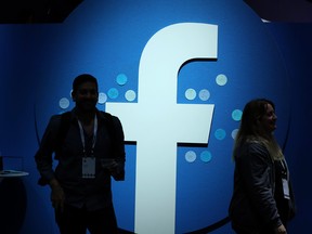 The Facebook logo is displayed during the F8 Facebook Developers conference on April 30, 2019 in San Jose, California.