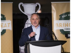 Brad Sparrow, Co-Chair, Grey Cup Festival 2018 speaks at a press conference to announce full festival entertainment lineup, taken on Wednesday, Sept. 19, 2018 in Edmonton.