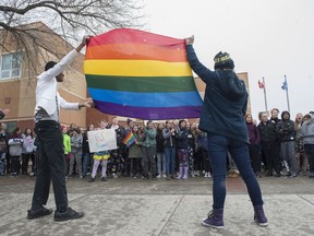 About 100 Victoria School students rallied outside on Friday, May 3, 2019, in support of gay-straight alliances in schools as they are and to denounce changes proposed by the new UCP government.