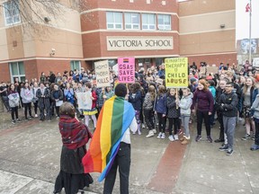 About 100 Victoria School of the Arts students rallied outside on Friday, May 3, 2019, in support of gay-straight alliances in schools as they are and to denounce changes proposed by the new UCP government.