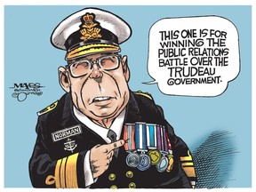 Vice Admiral Mark Norman sports medal for winning the public relations battle over the Trudeau government. (Cartoon by Malcolm Mayes)