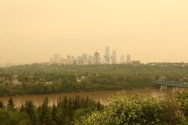 A view from Forest Heights Park of Edmonton as forest fire smoke leads to an air quality warning on May 30, 2019.