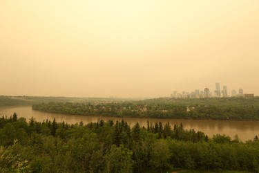 A view from Forest Heights Park of Edmonton as forest fire smoke leads to an air quality warning on May 30, 2019.