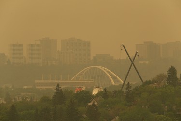 A view from Forest Heights Park of Edmonton as forest fire smoke leads to an air quality warning on May 30, 2019.