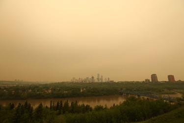 A view from Forest Heights Park of Edmonton as forest fire smoke leads to an air quality warning on May 30, 2019.