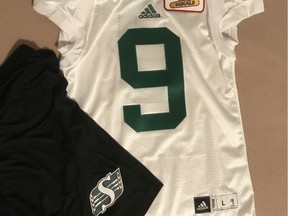 Jon Ryan's shorts and No. 9 jersey from the Saskatchewan Roughriders' April free-agent camp in Vero Beach, Fla.