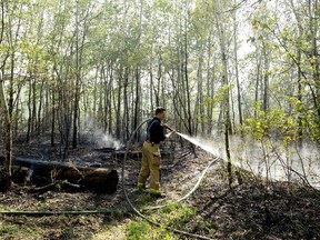 Fire crews work at the scene of a fire in Mill Creek Ravine, in Edmonton Tuesday May 28, 2019.
