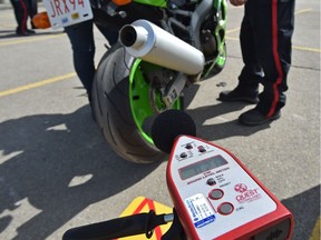 Edmonton police conduct motorcycle sound measurement testing to learn whether bikes meet requirements under the municipal noise bylaw on May 11, 2019.