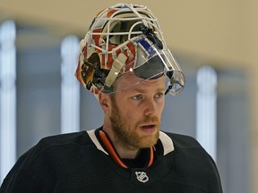 Edmonton Oilers goalie Mikko Koskinen takes a break during team practice in Edmonton on Tuesday February 12, 2019.